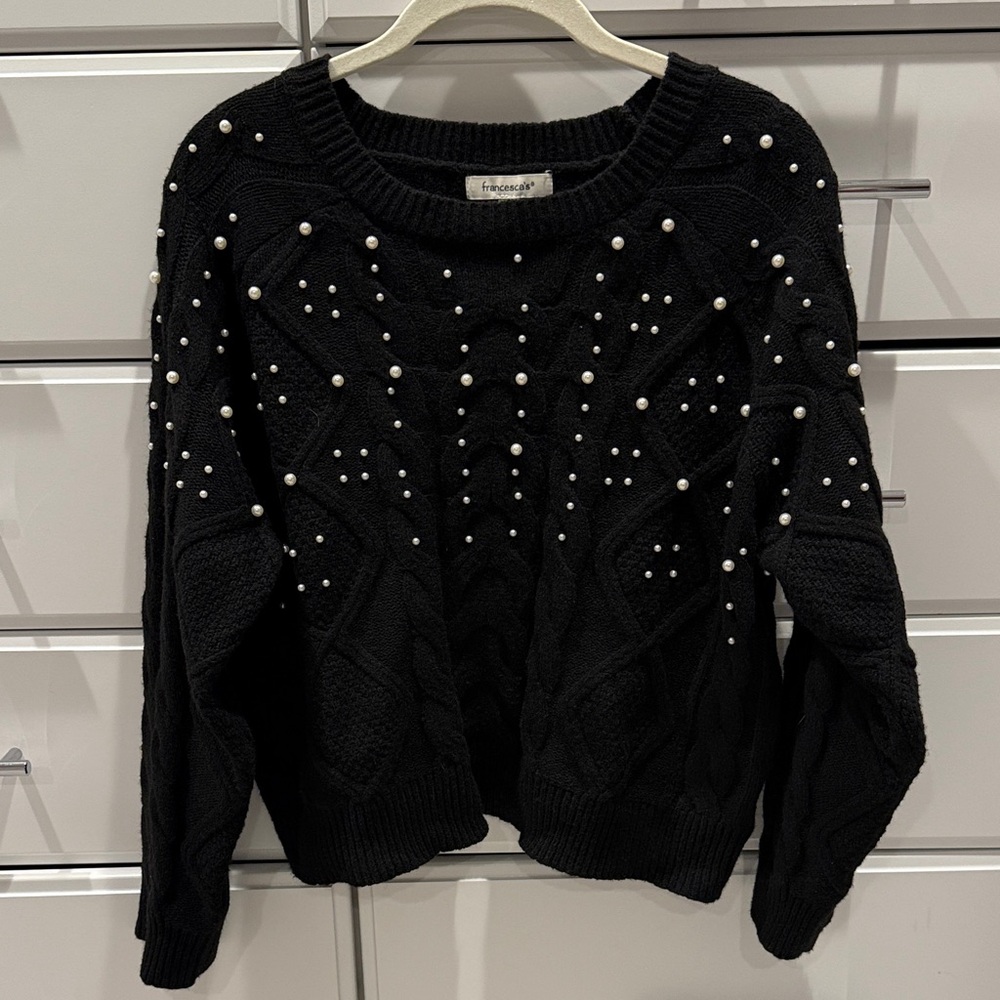 Francesca's Collections Black Sweater with Pearl Embellishments